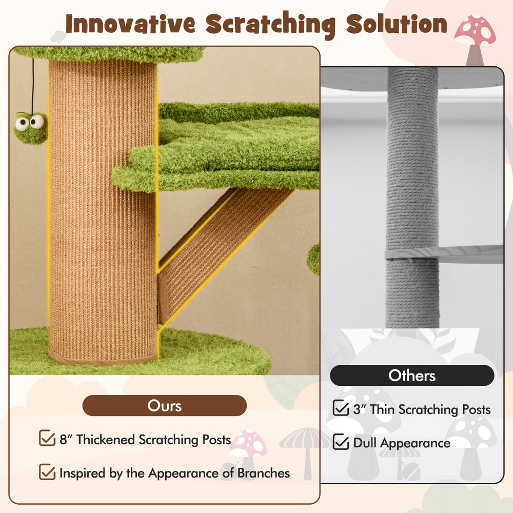 Mushroom Cat Tree featuring 8" thick scratching posts, plush perch, and interactive toys for indoor cat comfort.
