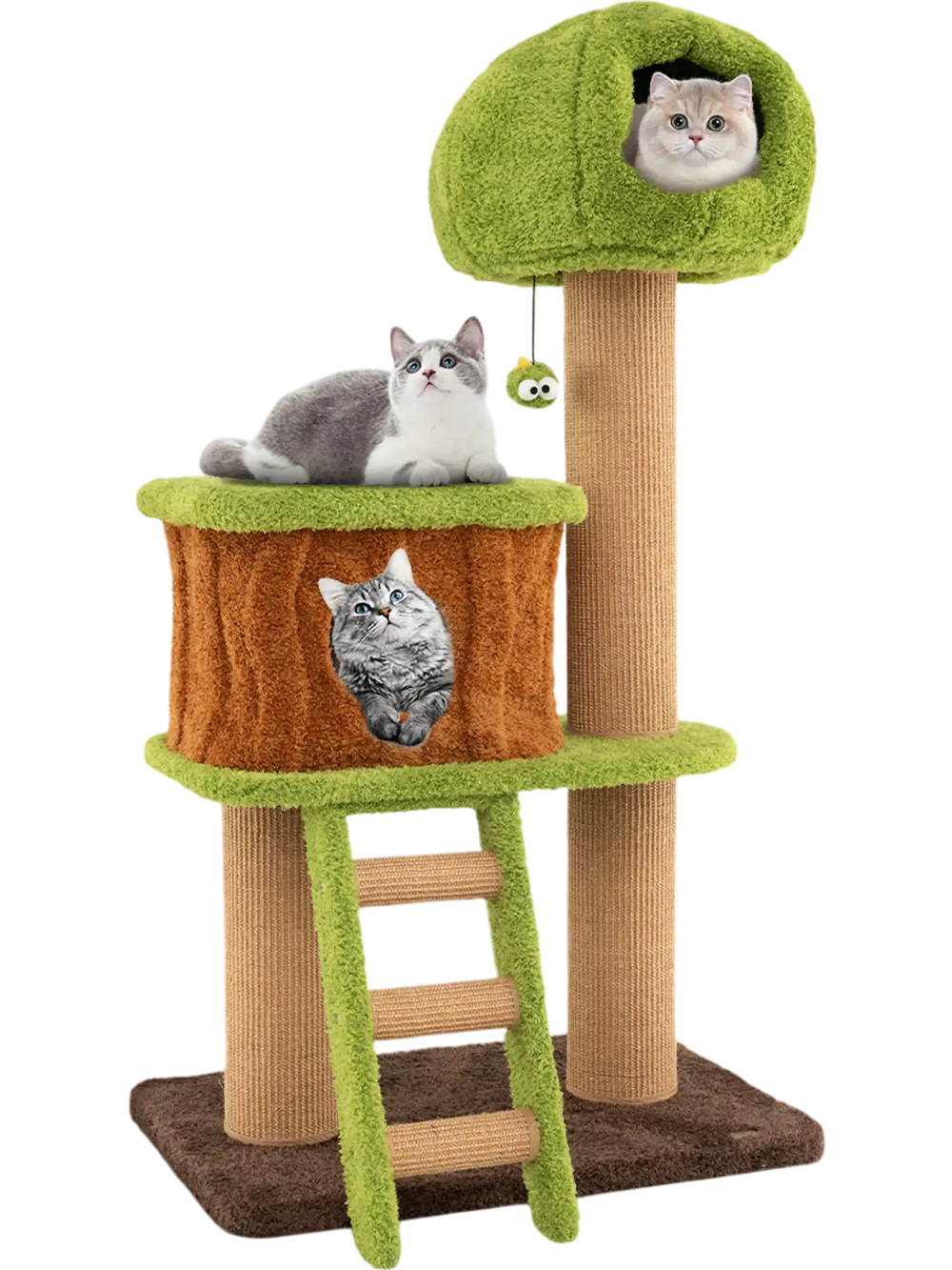 Cat tree featuring a mushroom-shaped nest, climbing ladder, and sisal scratching posts for indoor cats' play and rest.