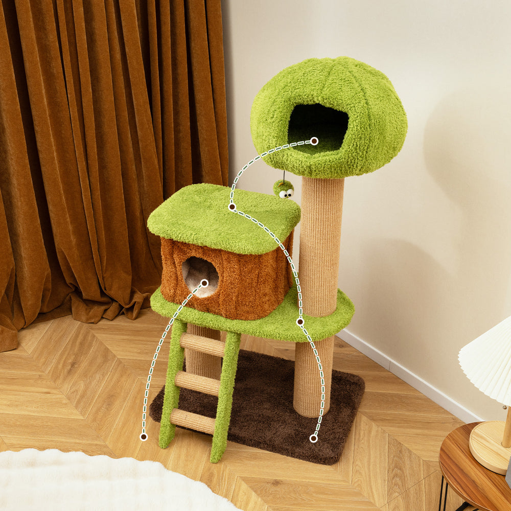 Mushroom-shaped cat tree with a spacious condo, climbing ladder, and sisal scratching posts for indoor cats.