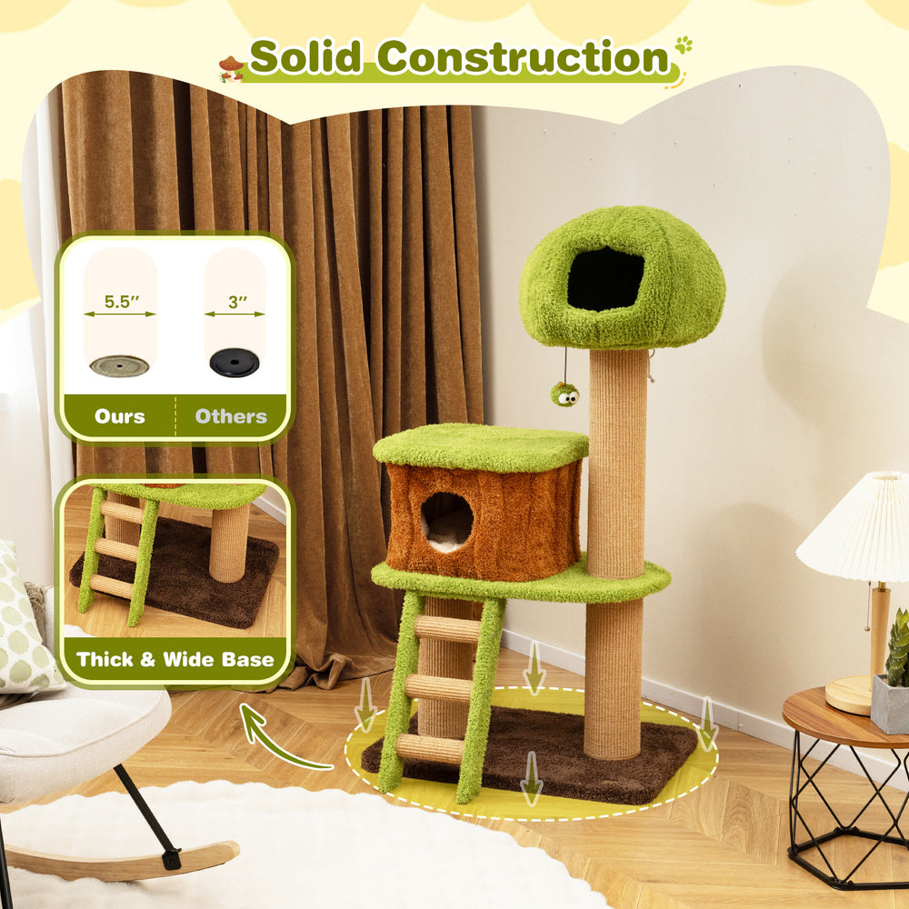 Cute cat tree with mushroom-shaped nest, climbing ladder, and thick base for indoor cats' play and relaxation.