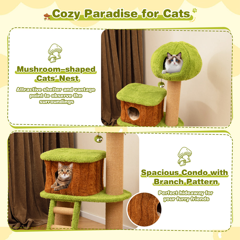 Mushroom-shaped cat nest and spacious condo with branch pattern, perfect for indoor cats to relax and play.