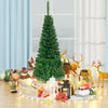 4.5 ft pre-lit pencil Christmas tree with 150 LED lights, surrounded by festive decorations and gifts for holiday cheer.