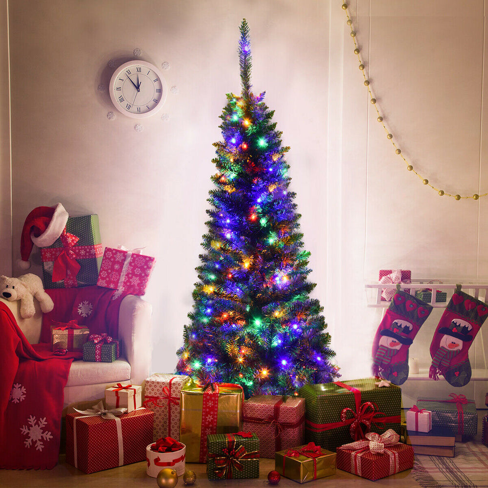 4.5 ft pre-lit pencil Christmas tree with 150 LED lights and 226 branch tips, perfect for festive home decoration.