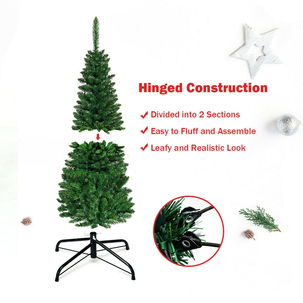 4.5ft pre-lit pencil Christmas tree with 150 LED lights, hinged construction for easy assembly, ideal for narrow spaces.