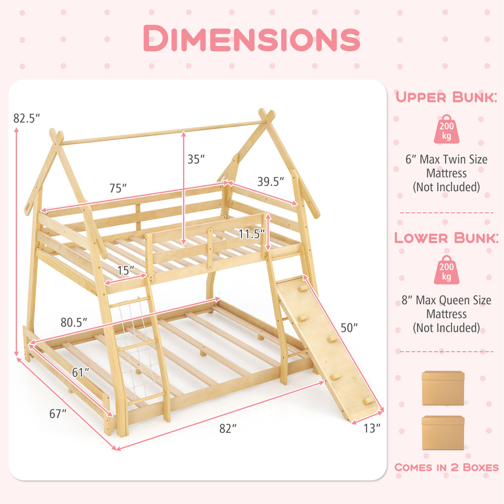 Twin over queen bunk bed with climbing net and ramp, sturdy wooden construction, ideal for kids' fun and safety.