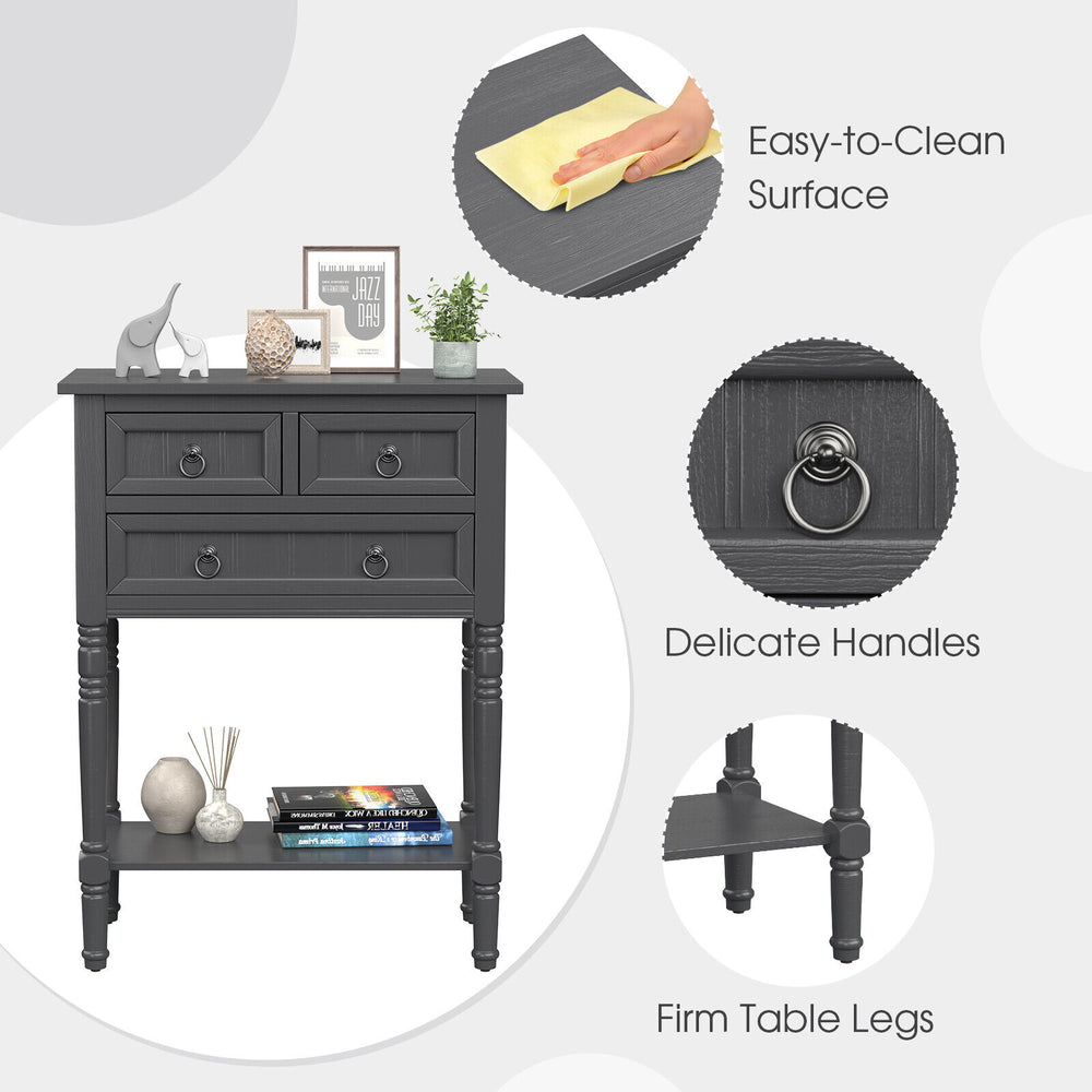 Narrow gray console table with three storage drawers and open bottom shelf, featuring easy-to-clean surface and firm.