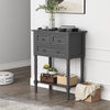 Narrow gray console table with three drawers and open shelf, showcasing elegant ring handles and a stylish design for.