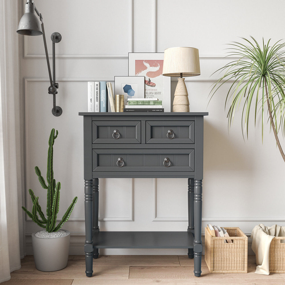 Narrow gray console table with three storage drawers and open bottom shelf, perfect for small spaces in entryways or.