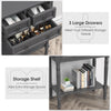 Narrow gray console table featuring three large drawers and an open bottom shelf for versatile storage solutions.