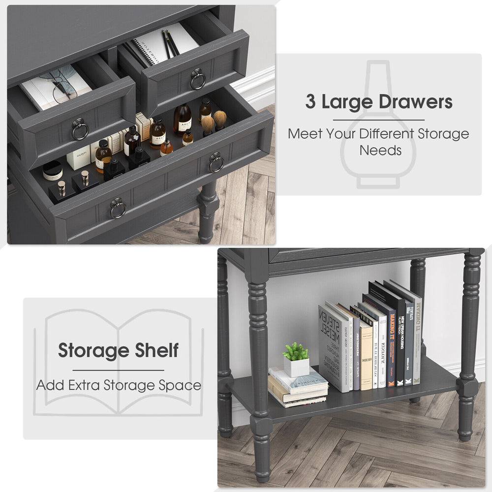 Narrow gray console table featuring three large drawers and an open bottom shelf for versatile storage solutions.