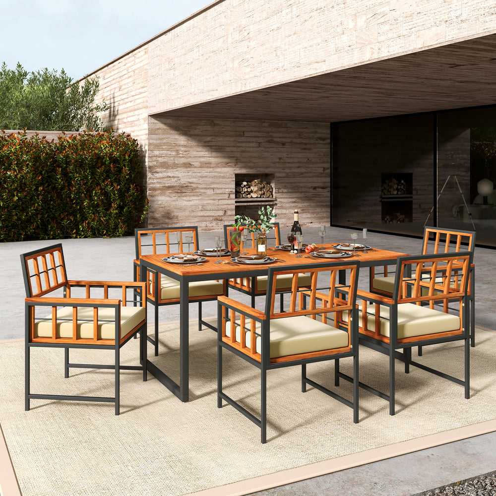 7-piece patio dining set featuring acacia wood table and soft cushioned chairs, perfect for outdoor dining and.