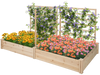 Raised garden bed with two planter boxes and three trellises, made of natural fir wood, ideal for diverse plant growth.