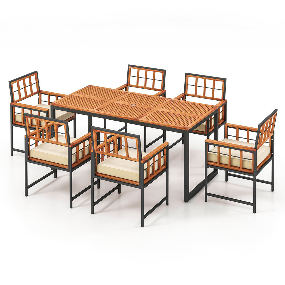 7-piece patio dining set featuring acacia wood table and 6 cushioned armchairs, perfect for outdoor gatherings.