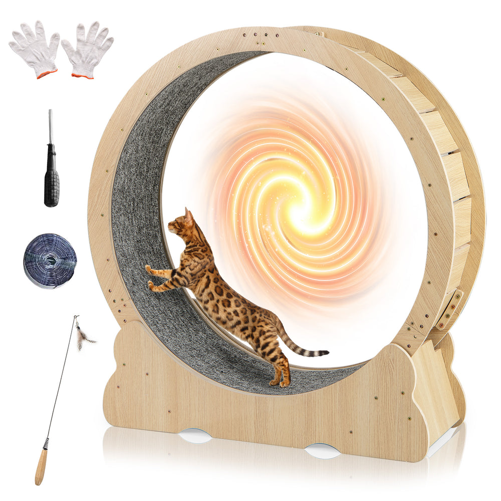 Large 40-inch cat exercise wheel with natural wood finish, carpeted surface, and lockable mechanism for indoor use.