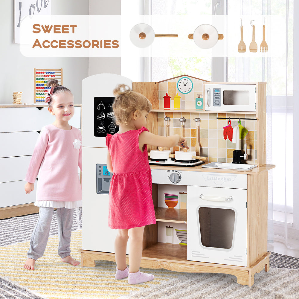 Wooden kids pretend kitchen playset with utensils, featuring a stove with lights and sounds for imaginative cooking fun.