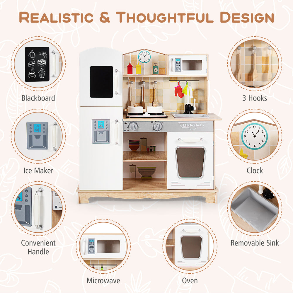 Wooden kids pretend kitchen playset featuring an oven, microwave, and realistic stove lights for imaginative cooking.