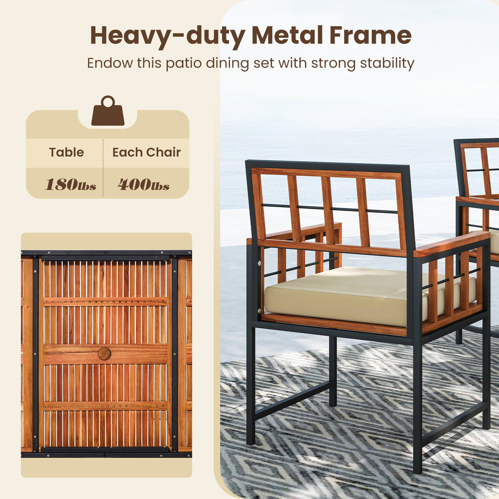 Patio dining set featuring a heavy-duty metal frame, natural acacia wood, and soft cushions, ideal for outdoor.