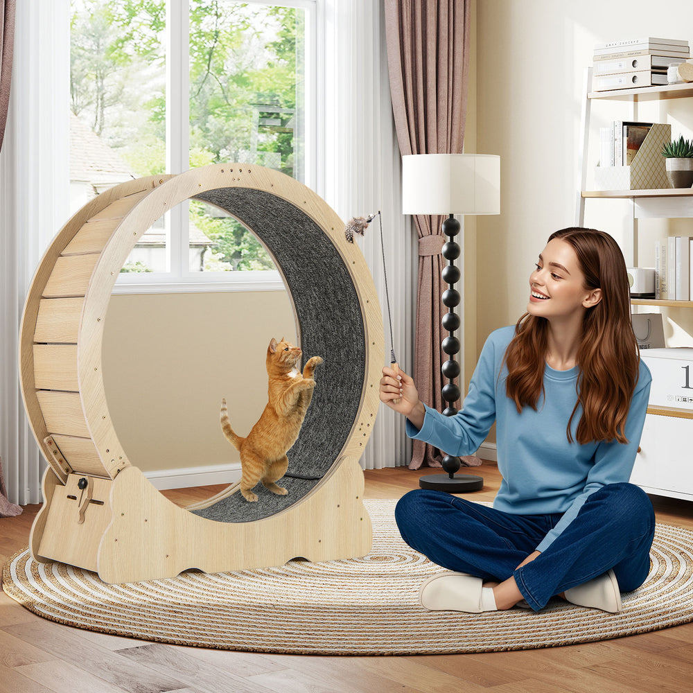 Large 40-inch cat exercise wheel with carpeted runway and lockable mechanism for indoor cats, promoting healthy play.