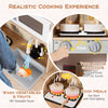 Wooden kids pretend kitchen playset with rotatable faucet, realistic stove lights, and utensils for imaginative cooking.