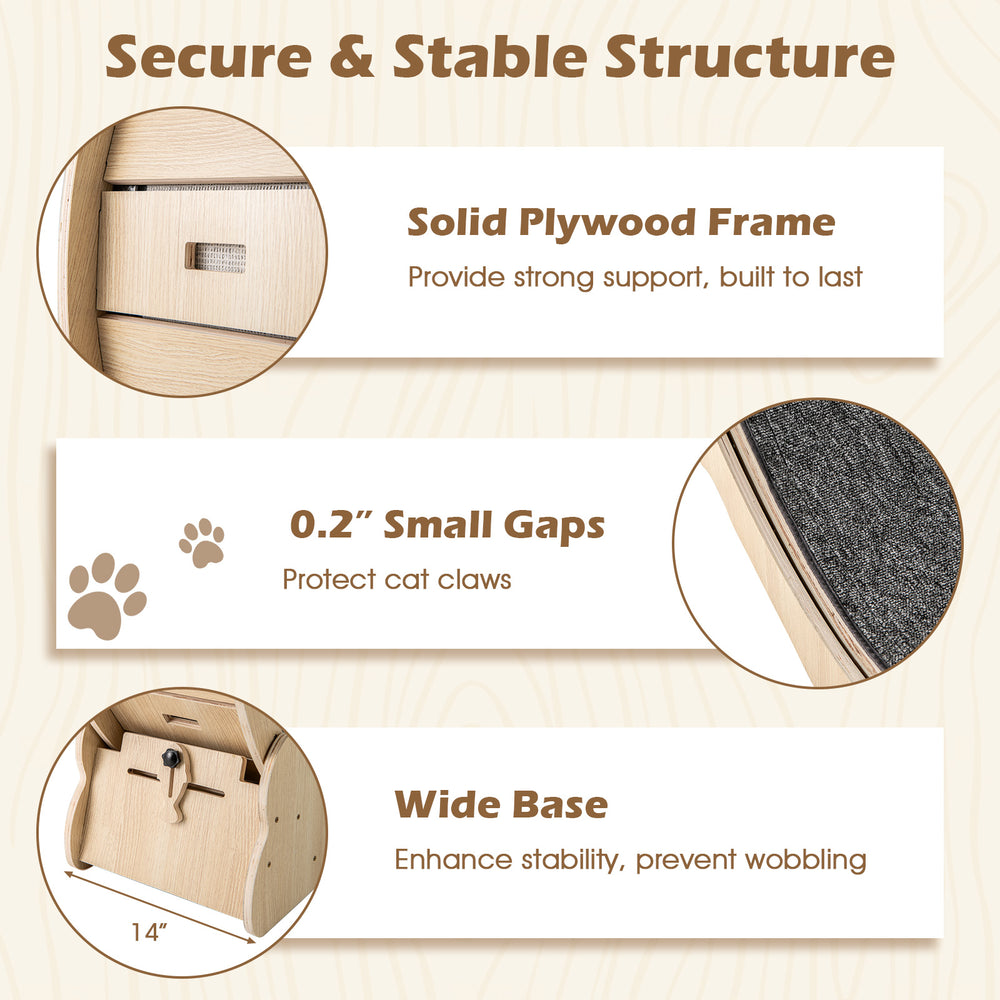 Large cat exercise wheel with solid plywood frame, small gaps for claw protection, and wide base for stability.