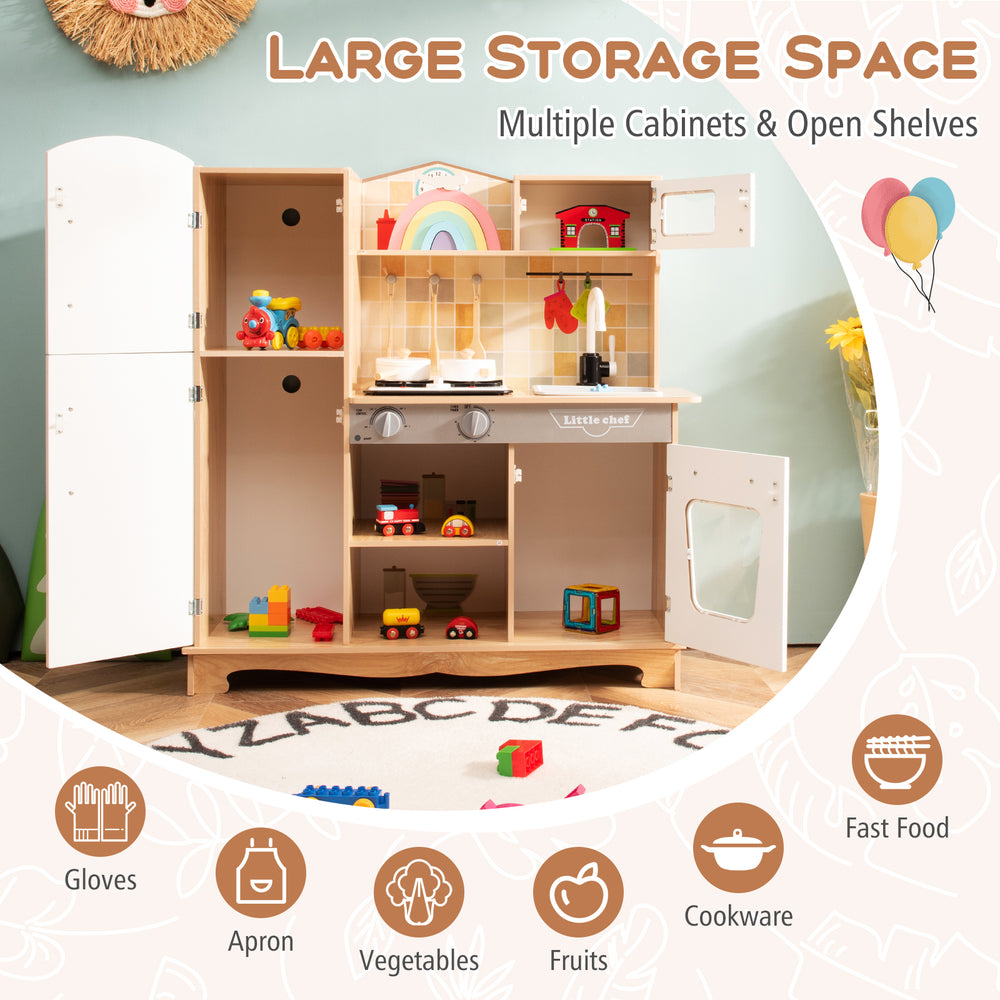Wooden kids pretend kitchen playset with multiple cabinets, utensils, and realistic stove sounds for imaginative.