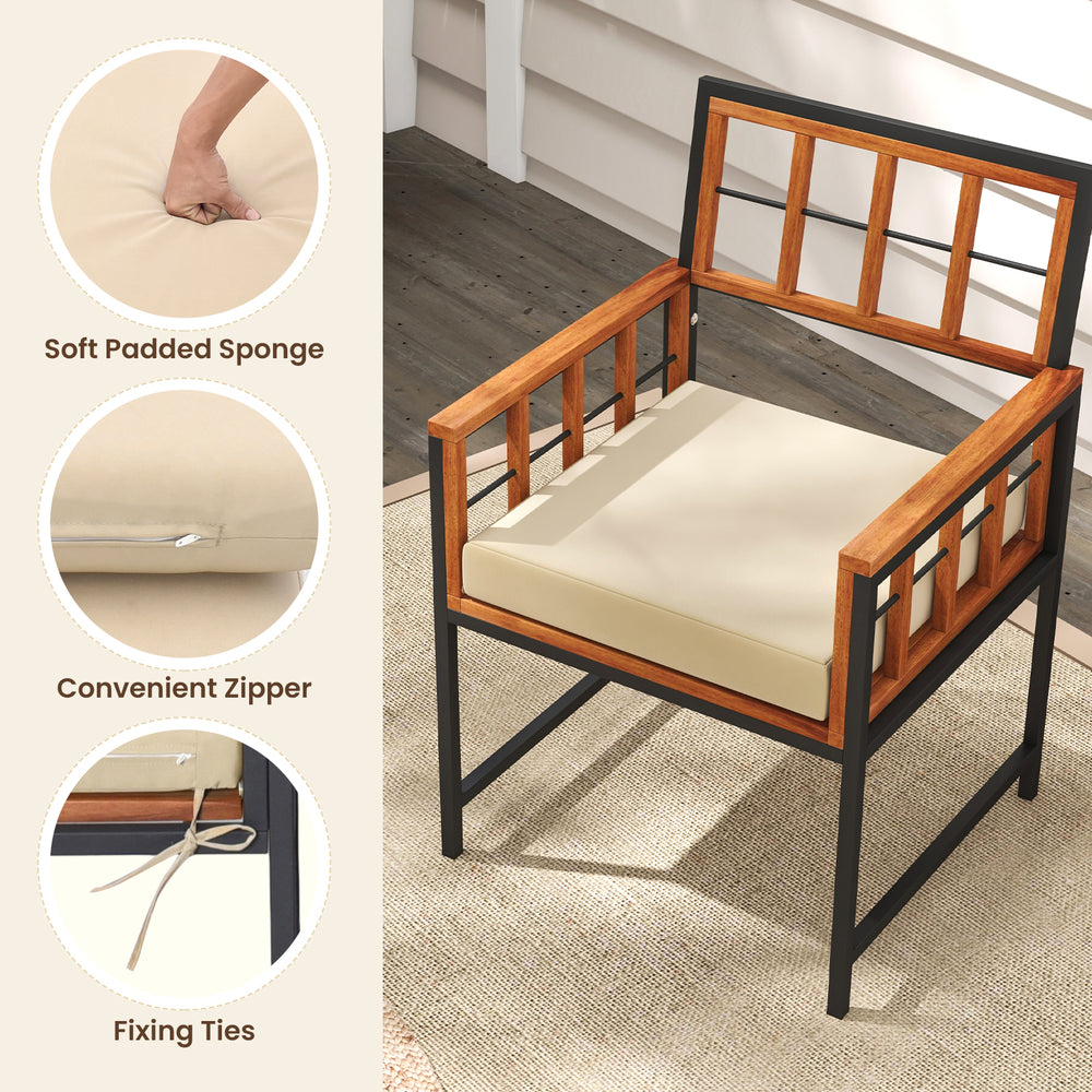 Close-up of a patio dining chair featuring soft padded sponge cushions and a convenient zipper for easy cleaning.