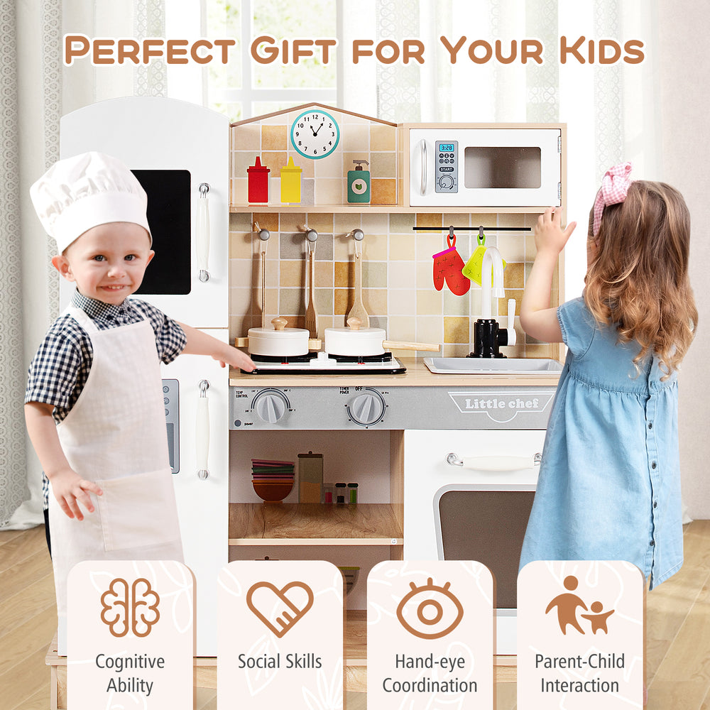 Wooden kids pretend kitchen playset with utensils, featuring realistic stove lights and sounds for imaginative cooking.