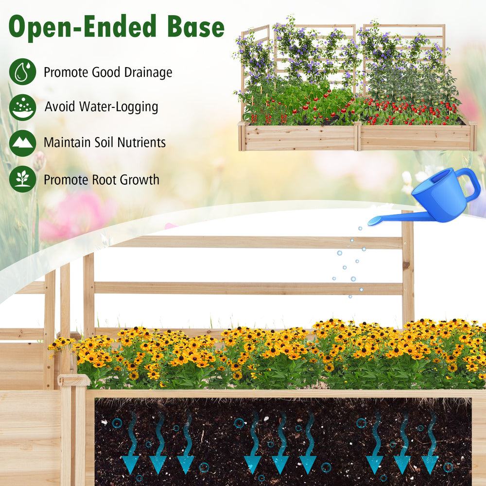 Raised garden bed with two planter boxes and three trellises, made of natural fir wood for stable outdoor planting.