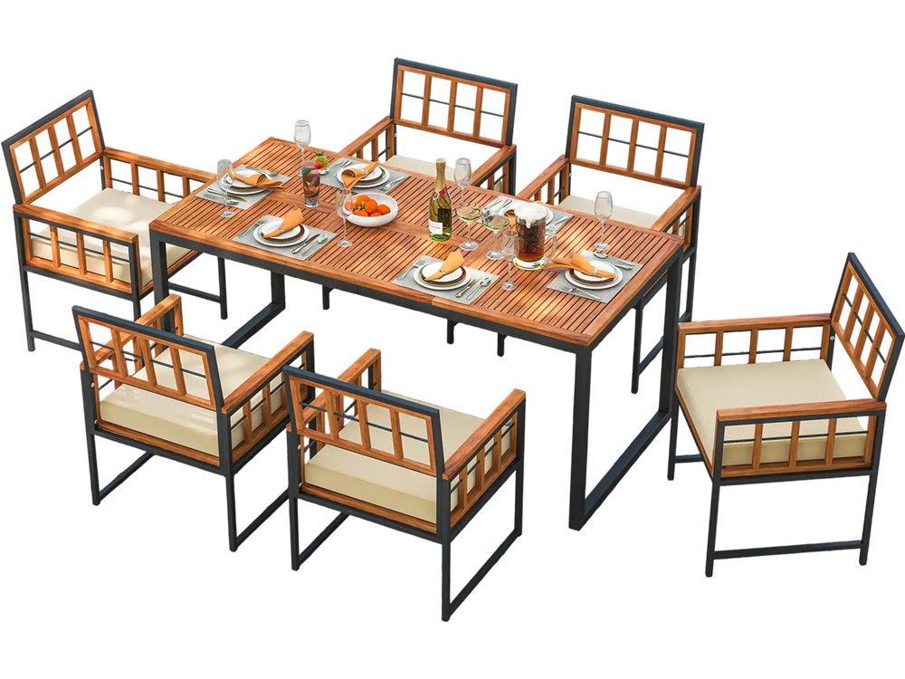 7-piece patio dining set featuring acacia wood table and soft cushions, perfect for outdoor gatherings by the pool.