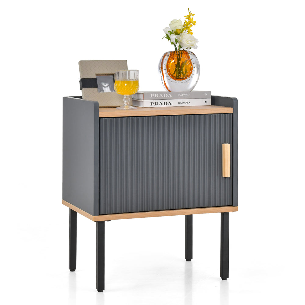 Gray nightstand with a smooth surface, featuring a single door cabinet and adjustable foot pads for stability in small.