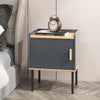 Gray nightstand with a single door cabinet and wooden handle, perfect for bedroom or living room storage.