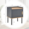 Gray nightstand with a single door cabinet, engineered wood, and metal legs, perfect for bedroom or living room use.