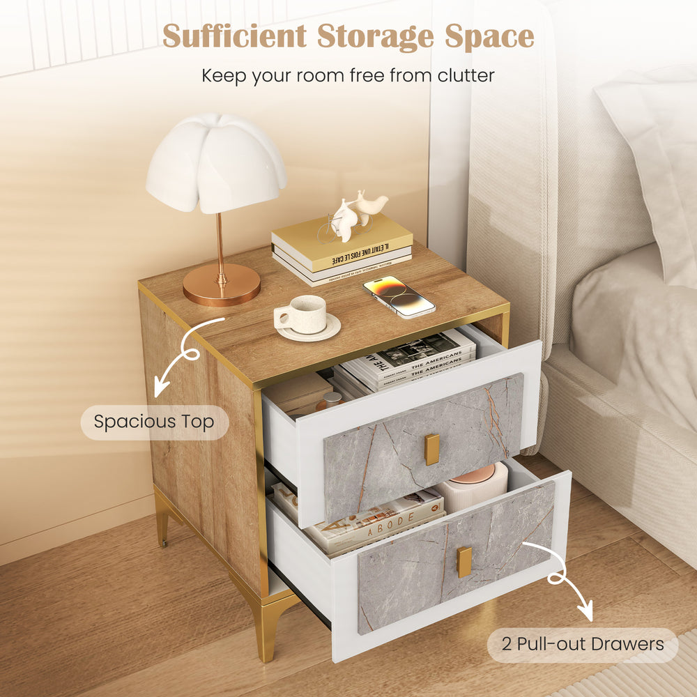 Nightstand with spacious top and 2 pull-out drawers, featuring elegant marble motifs and sturdy metal legs for bedroom.
