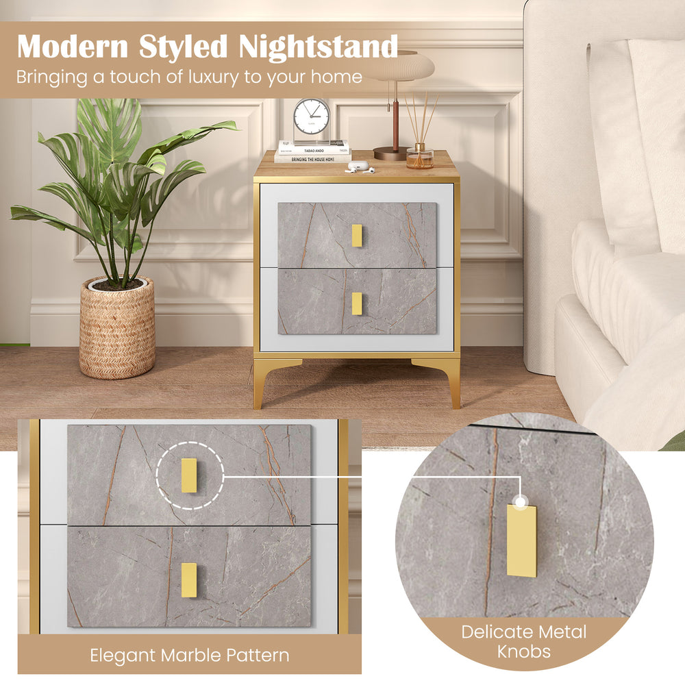 Modern nightstand with elegant marble pattern, two pull-out drawers, and sturdy metal legs for bedroom or living room.