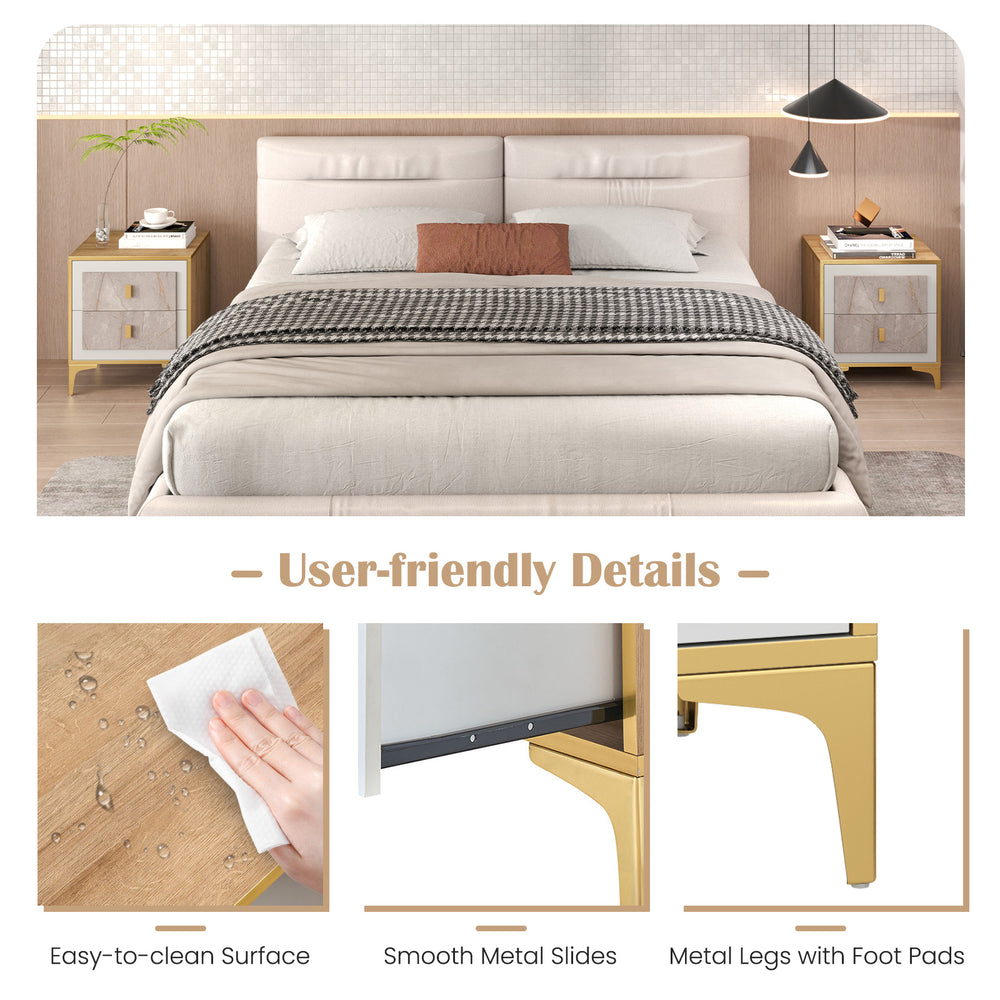 Nightstand with 2 pull-out drawers featuring elegant marble motifs, smooth metal slides, and sturdy gold metal legs.
