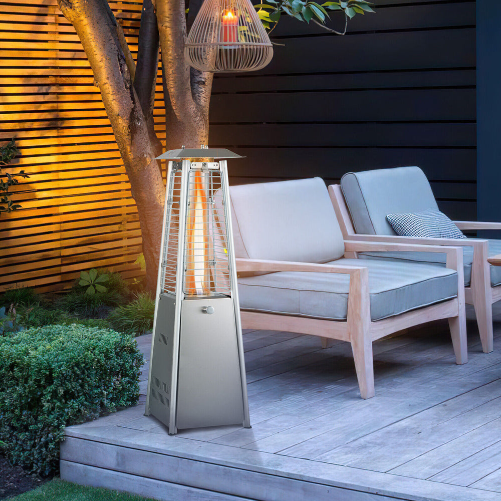 Portable stainless steel tabletop patio heater with glass tube, 10,000 BTU, ideal for outdoor heating and gatherings.