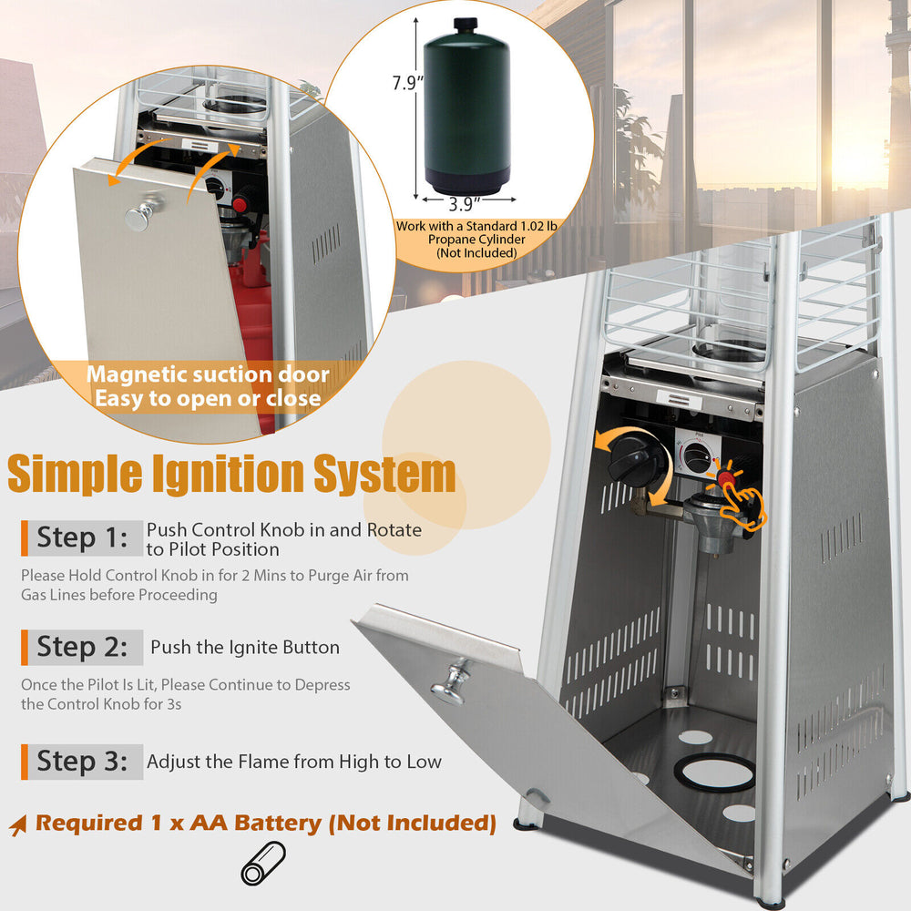 Compact 10,000 BTU stainless steel tabletop patio heater with glass tube, adjustable flame, and simple ignition system.