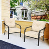 Two patio chairs with padded cushions and armrests, featuring a rustproof steel frame, perfect for outdoor relaxation.