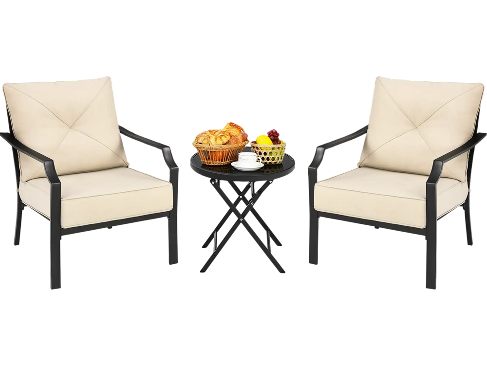 Two patio dining chairs with padded cushions and armrests, featuring a rustproof steel frame, perfect for outdoor.
