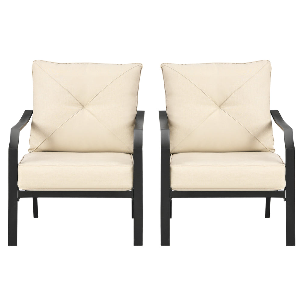 Two patio dining chairs with padded cushions and ergonomic armrests, featuring a rustproof steel frame for outdoor use.