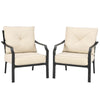Two patio chairs with padded cushions and ergonomic armrests, featuring a rustproof steel frame for outdoor use.