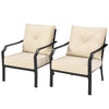 Two patio dining chairs with padded cushions and ergonomic armrests, featuring a rustproof steel frame for outdoor.