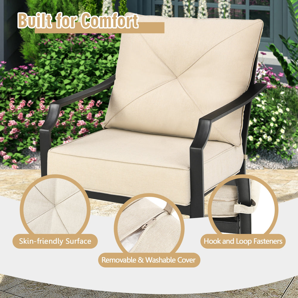 Patio dining chair with padded cushions, removable cover, and ergonomic armrests, ideal for outdoor comfort.