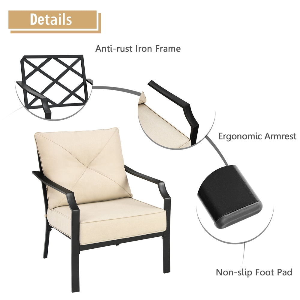 Close-up of the ergonomic armrest and anti-rust iron frame of the patio dining chair with padded cushions.