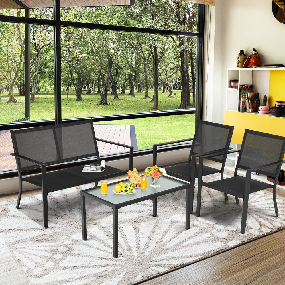 Single ergonomic chair from the 4 PCS patio furniture set with gray steel frame and breathable fabric for outdoor.