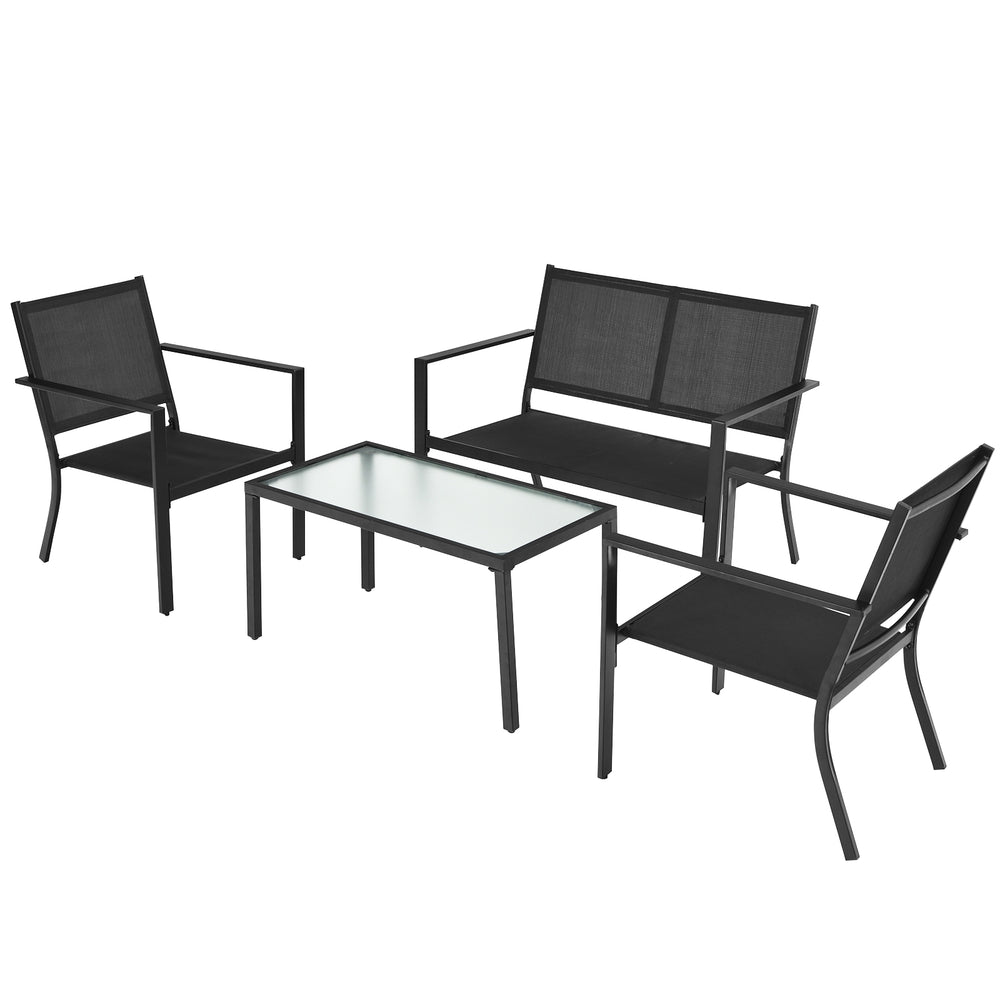 4-piece patio furniture set with gray steel frame, including loveseat, chairs, and coffee table for outdoor comfort.