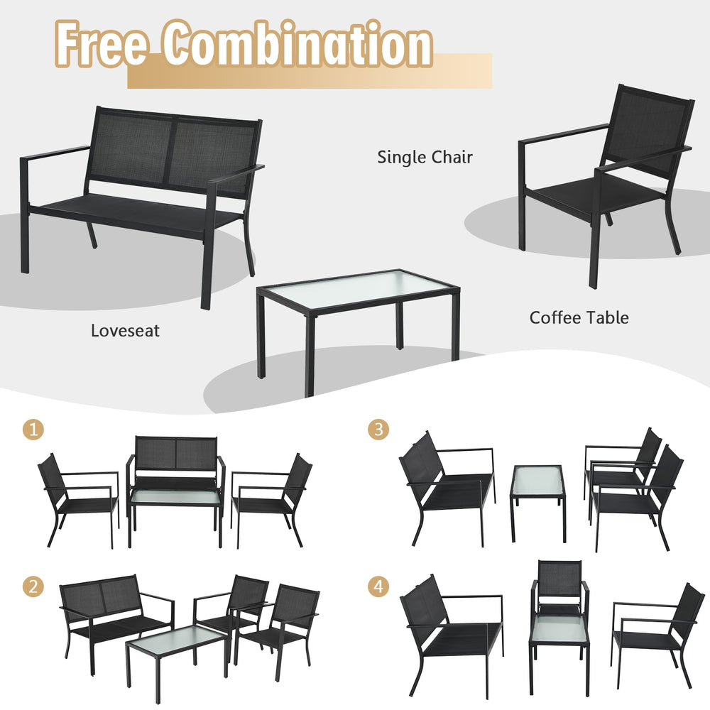 4-piece patio furniture set featuring a loveseat, two chairs, and a coffee table in gray for outdoor comfort and style.