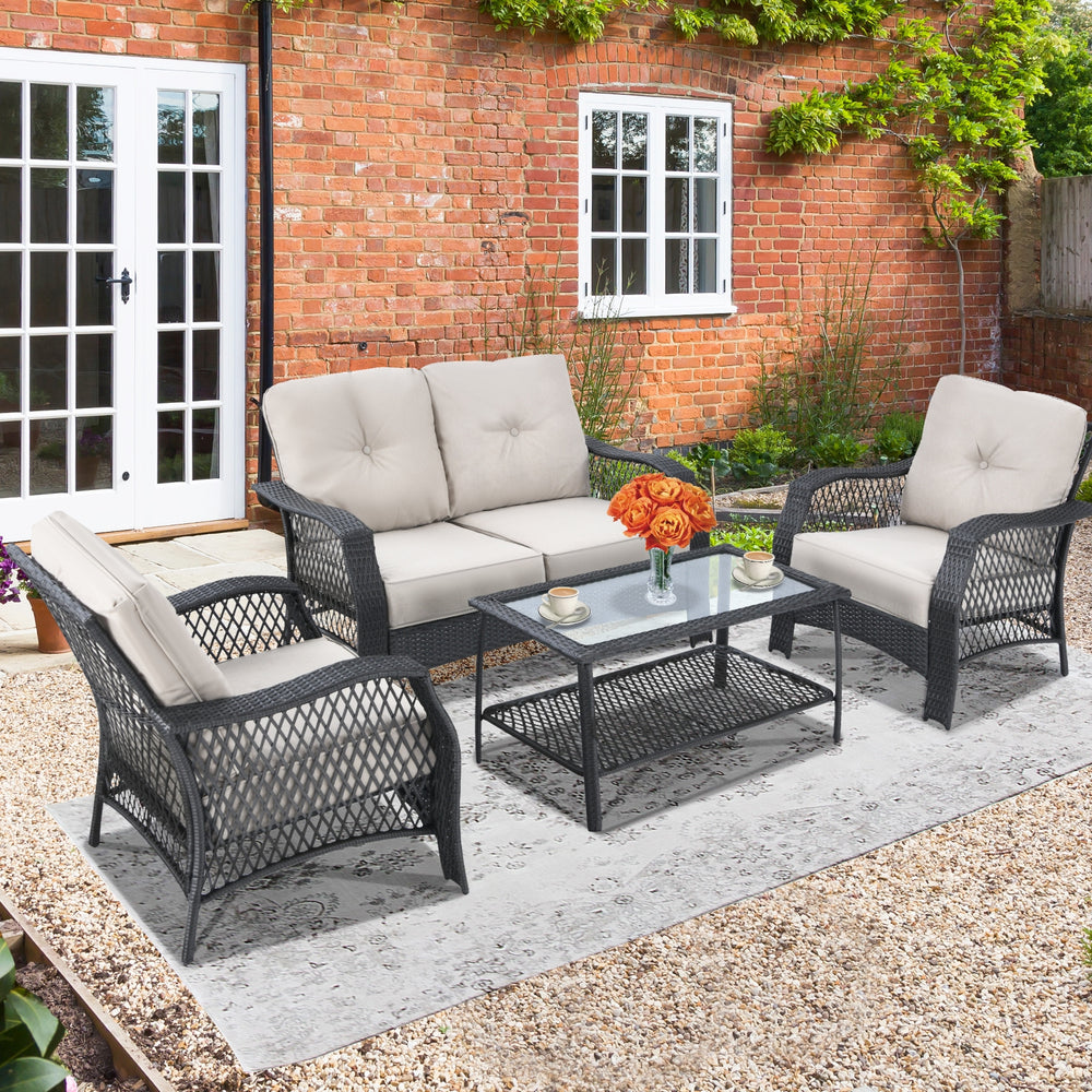 Single chair from the patio wicker furniture set with beige cushion, designed for outdoor comfort and relaxation.
