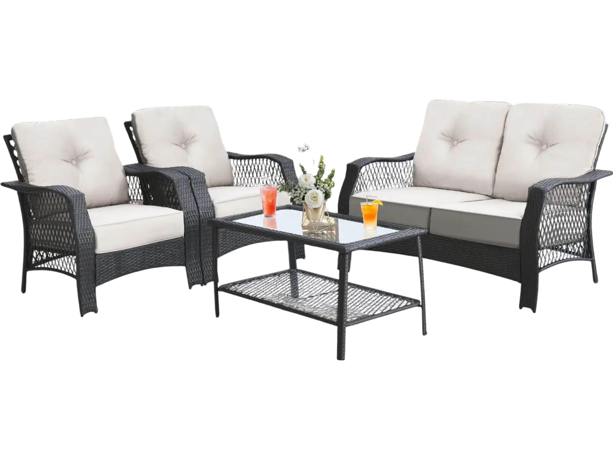Costway 4pc Patio Wicker Furniture Set Loveseat Sofa Coffee Table Beige 64579183 New