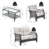4-piece patio wicker furniture set featuring a loveseat, coffee table, and two chairs with beige cushions for outdoor.